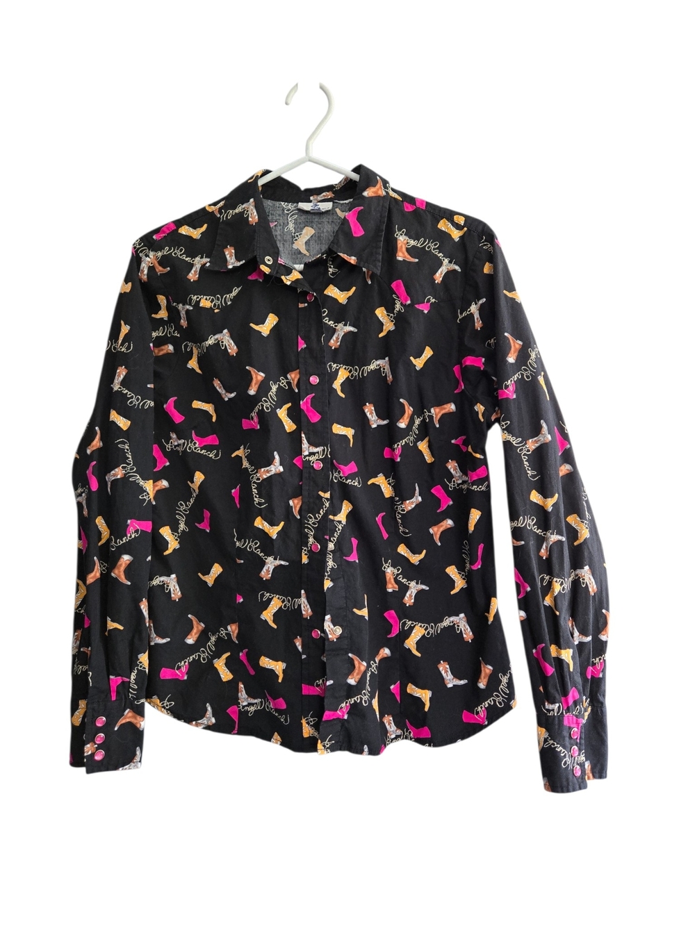 Angel Ranch Black Shirt with Adorable Cowboy Boot Print